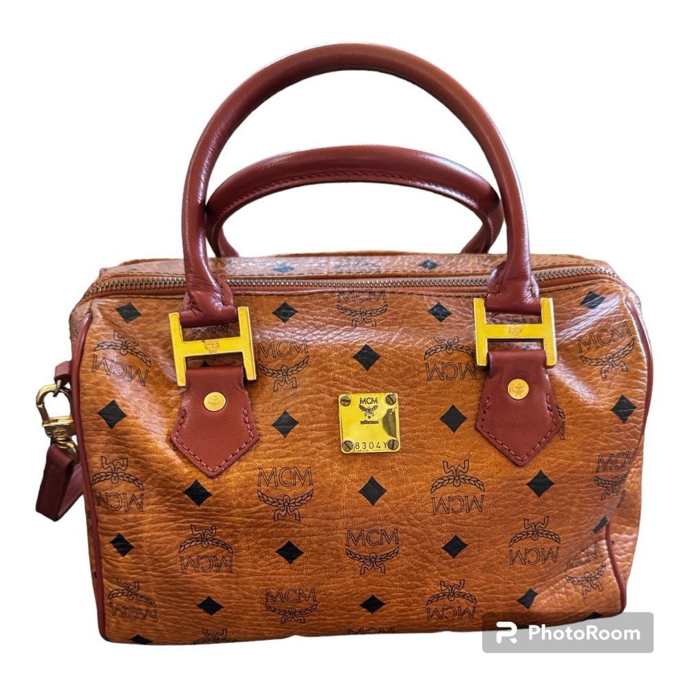 💯Authentic MCM Boston Bag with Strap, Cognac